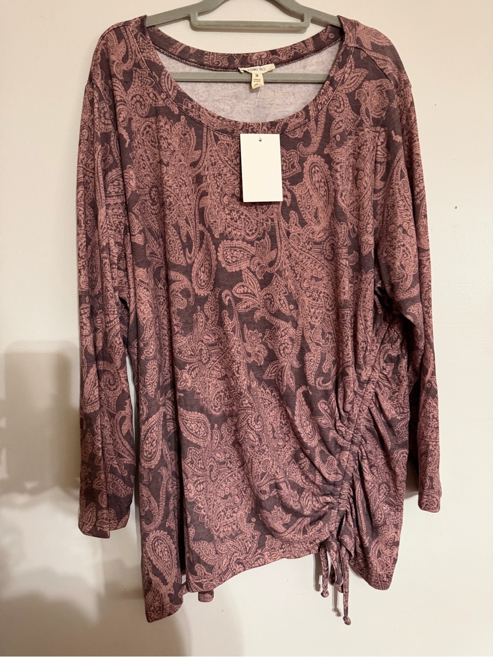 Ruched Side Paisley Long-Sleeve Top - Pink/Brown